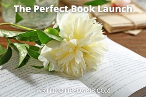 Image of flower on open book and title which is the perfect book launch?