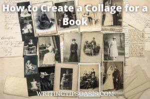 Image of antique family photos and and old handwritten letters and title which is how to create a collage for a book.