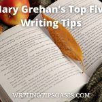Image of open book with apples and autumn leaves and title which is Mary Grehan' top five writing tips.