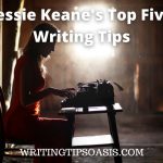 Image of woman at typewriter and title which is Jessie Keane's top five writing tips.