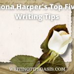 Image of vintage postcard with rose on it and title which is Fiona Harper's top five writing tips.