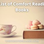Image of cup of tea, macaroons on a book and title which is a list of comfort reading books