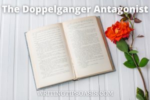 Image of book and rose and title which is the doppelganger antagonist.
