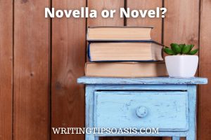 Image of books and plant on cupboard and title of post which is Novella or Novel?