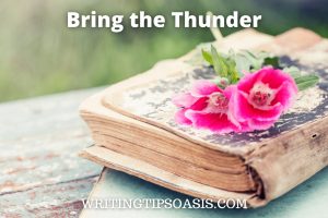 Image of vintage book with flowers on it and title which is bring the thunder.