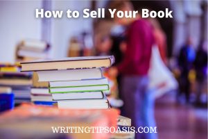 Blurry background of charity flea book market and title of post, which is how to sell your book.