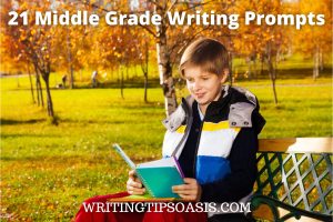 Image of boy reading in a park and title which is 21 middle grade writing prompts