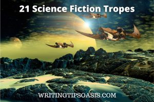 Image of spaceships and title which is 21 science fiction tropes.